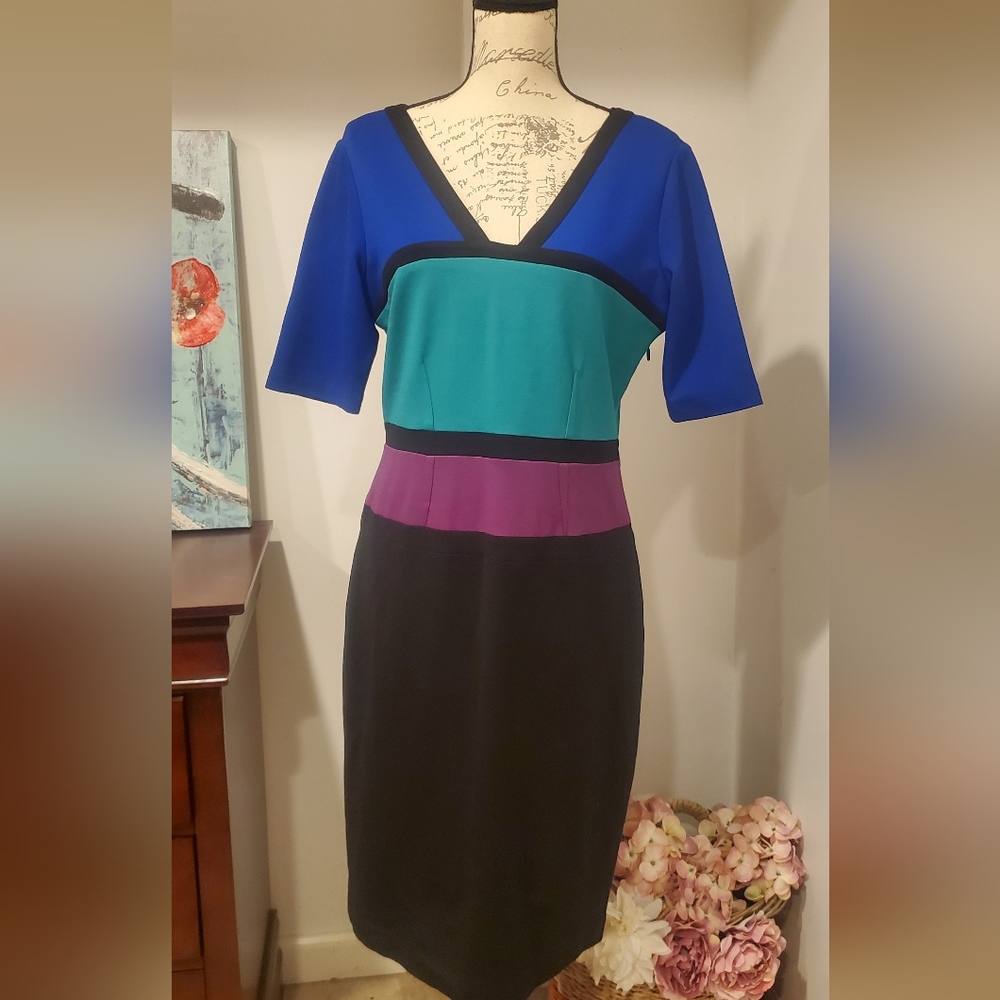 BCBGMAXAZRIA Women's Short Sleeve, V Neck Multicolor Dress Size L.